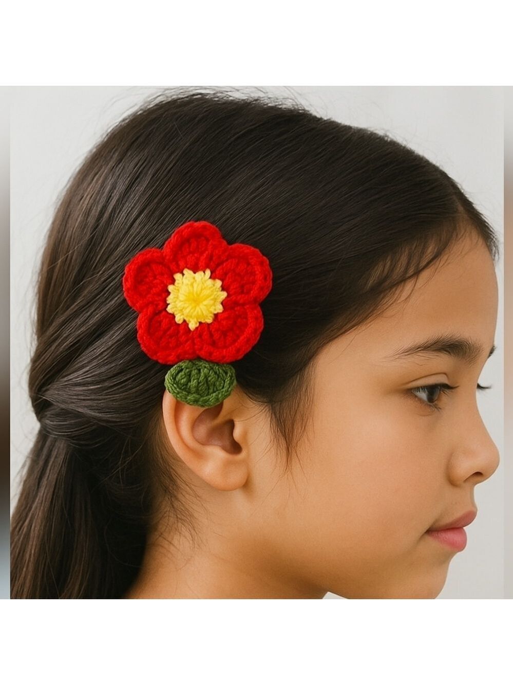 Hand Crafted hand knit crochet rose flower Red & yellow hair barrete clip TikTok